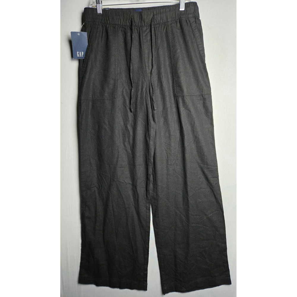 Gap Womens Linen Pants Black Wide Leg Drawstring Elastic Waist Size M New